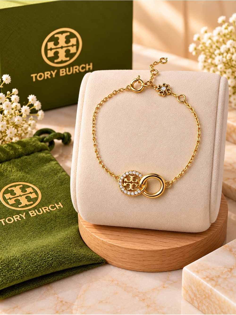 Tory Burch Gold Crystal Logo Disc & Ring Chain Bracelet
